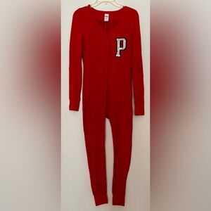 VS Victoria’s Secret PINK Red Thermal Pajamas One piece Sequin P PARTY Back Sz S
